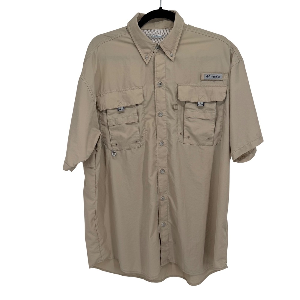 Columbia PFG Men's Tan Short Sleeve Fishing Shirt Vented Utility Pockets Size M